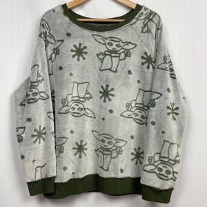 Star Wars Grogu Baby Yoda Lounge Top Novelty Pullover Size L Olive Green Fleece‎